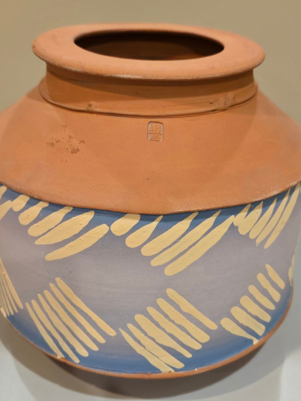 Hand-Painted Terracotta Vase in Blue and Yellow